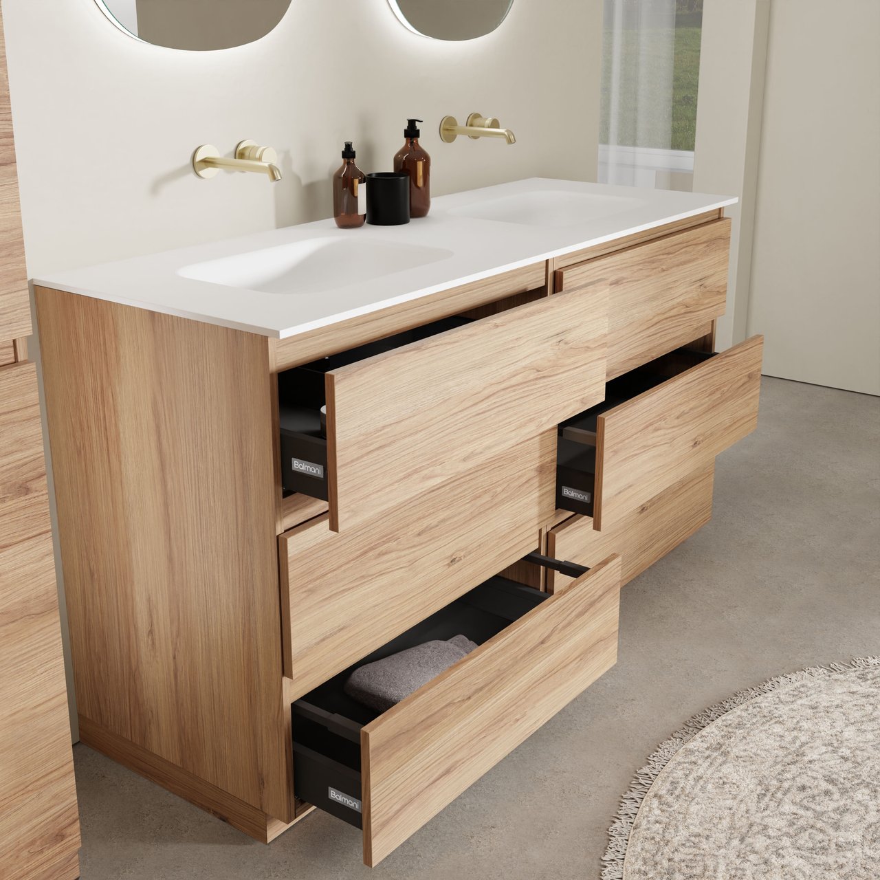 Balmani Lucida staand badkamermeubel 150 x 55 cm teak met Tablo Arcato dubbele wastafel in solid surface mat wit
