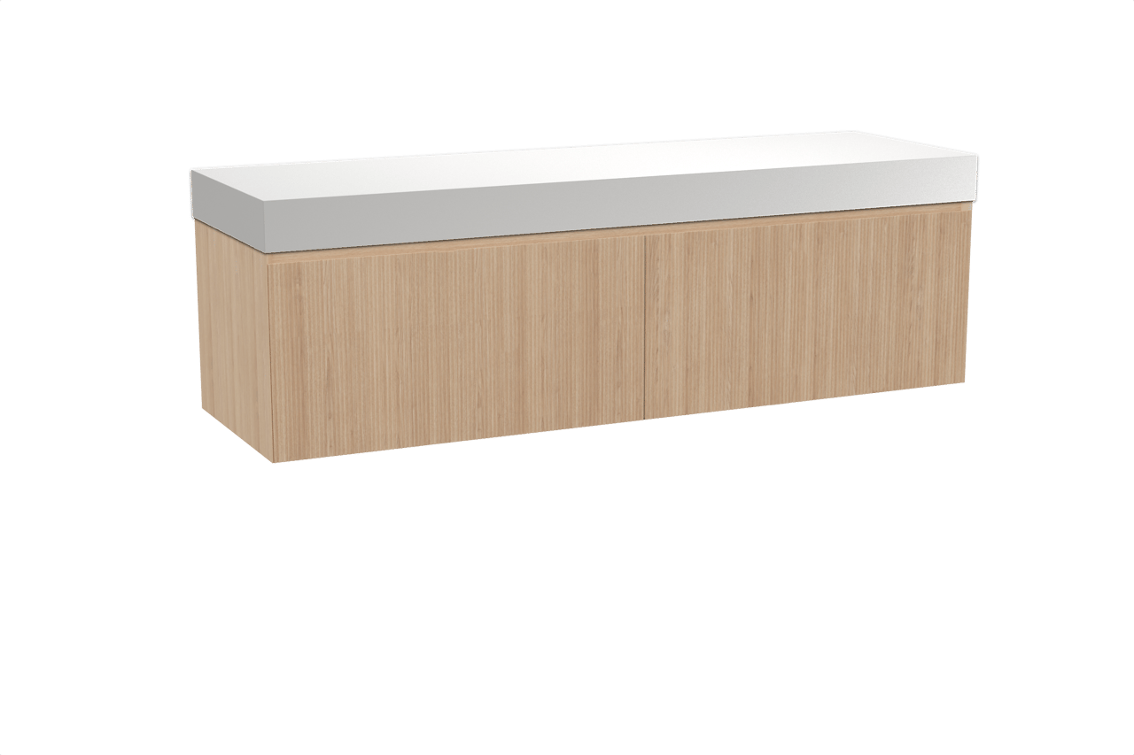 Balmani Fila meuble salle de bains suspendu 180 x 55 cm chêne naturel avec Dominus tablette simple ou double en solid surface blanc mat, Nervure droite symétrique verticale