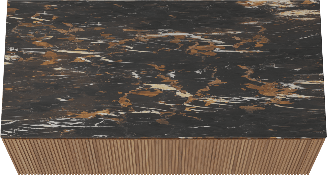 Balmani Eclips meuble salle de bains suspendu 120 x 55 cm Teck avec Stretto tablette simple en Portoro Gold marbre, Nervure droite symétrique verticale