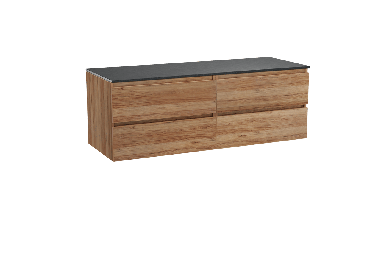 Balmani Lucida meuble salle de bains suspendu 150 x 55 cm teck avec Stretto tablette simple ou double en granit noir