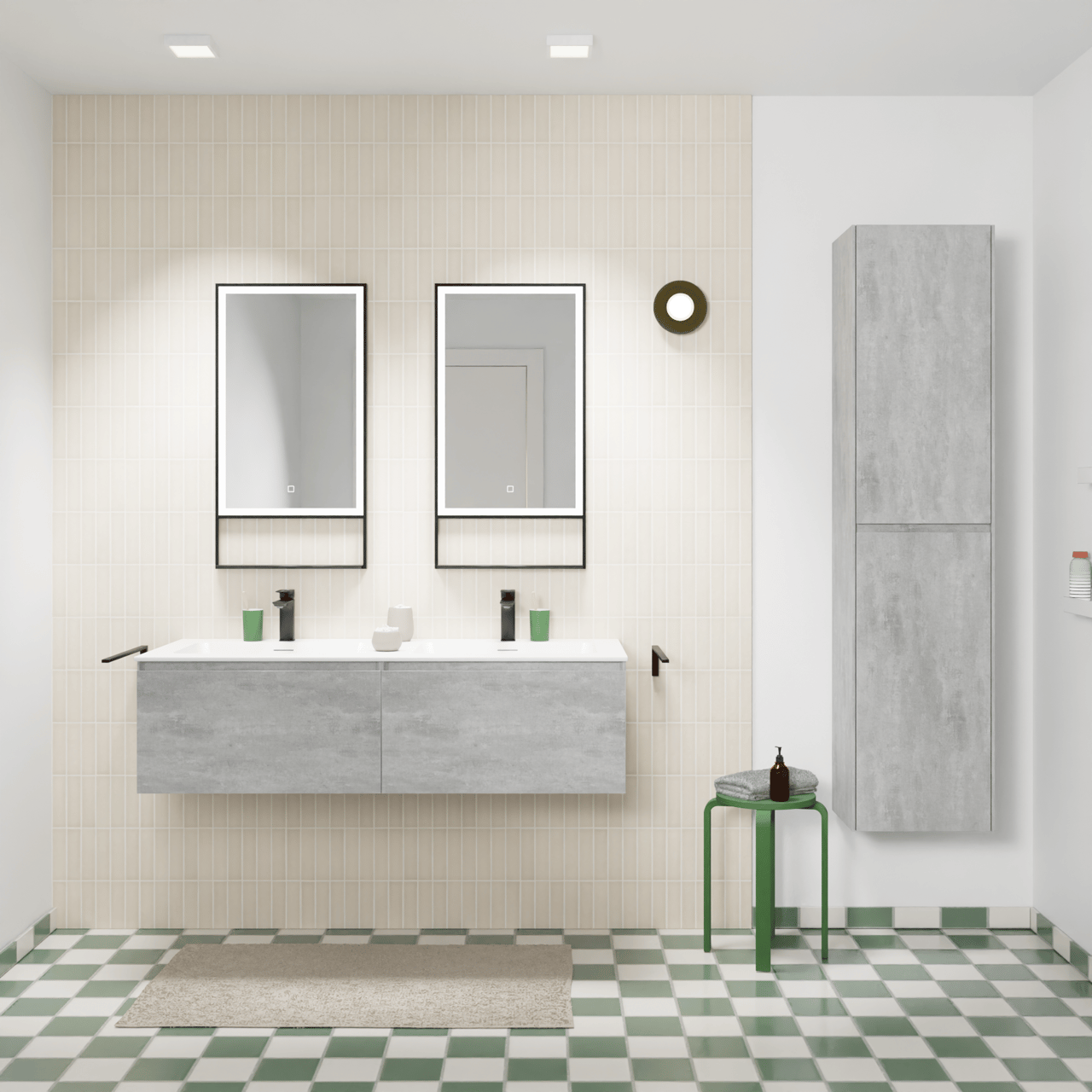 Storke Edge zwevend badmeubel 130 x 52 cm beton donkergrijs met Mata dubbele wastafel in solid surface mat wit