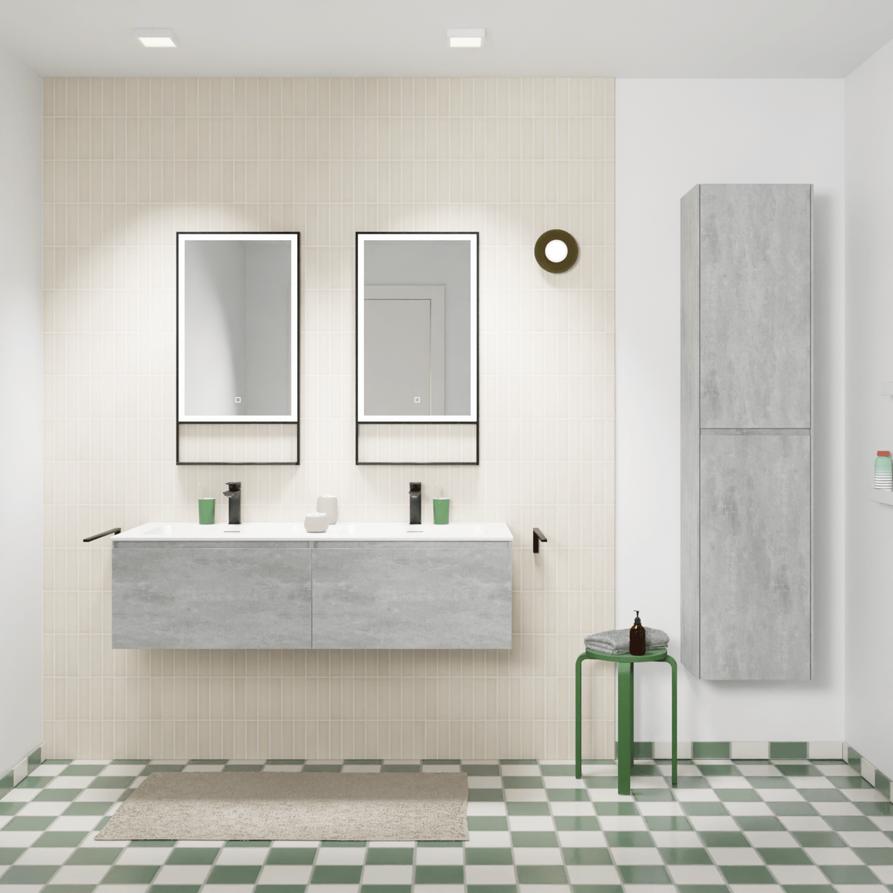 Storke Edge meuble salle de bains suspendu 130 x 52 cm béton gris foncé avec Mata double vasque en solid surface blanc mat