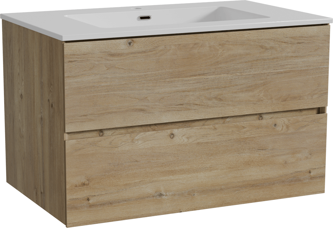 Storke Edge zwevend badkamermeubel 85 x 52 cm ruwe eik met Diva enkele wastafel in composietmarmer glanzend wit