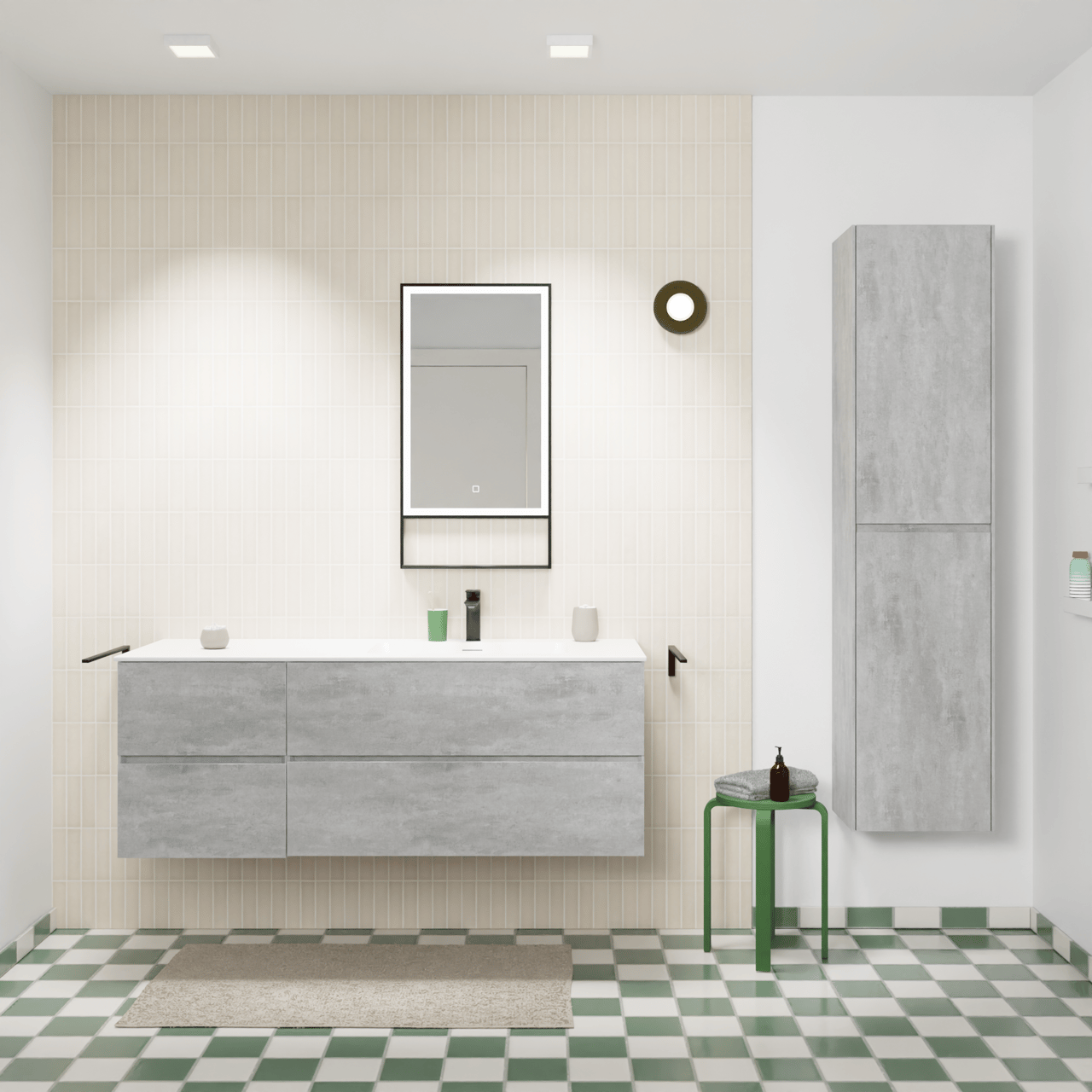 Storke Edge zwevend badmeubel 140 x 52 cm beton donkergrijs met Mata asymmetrisch rechtse wastafel in solid surface mat wit