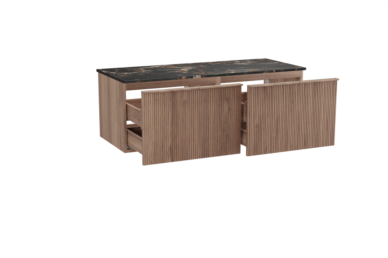 Balmani Forma zwevend badmeubel 135 x 55 cm teakhout met Stretto enkel of dubbel wastafelblad in marmer portoro gold, Verticale symmetrische rechte ribbel