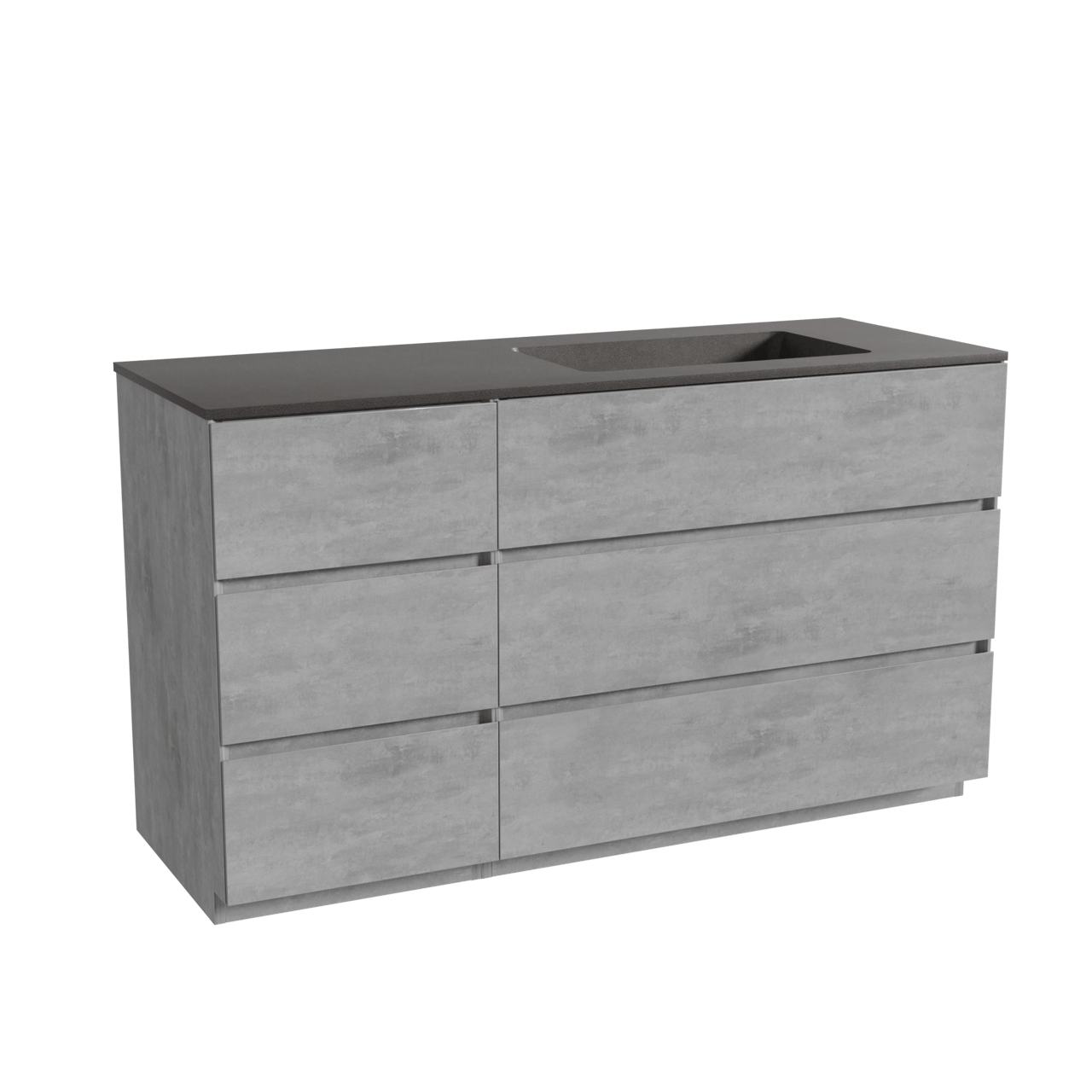 Storke Edge staand badkamermeubel 140 x 52 cm beton donkergrijs met Scuro asymmetrisch rechtse wastafel in kwarts mat zwart