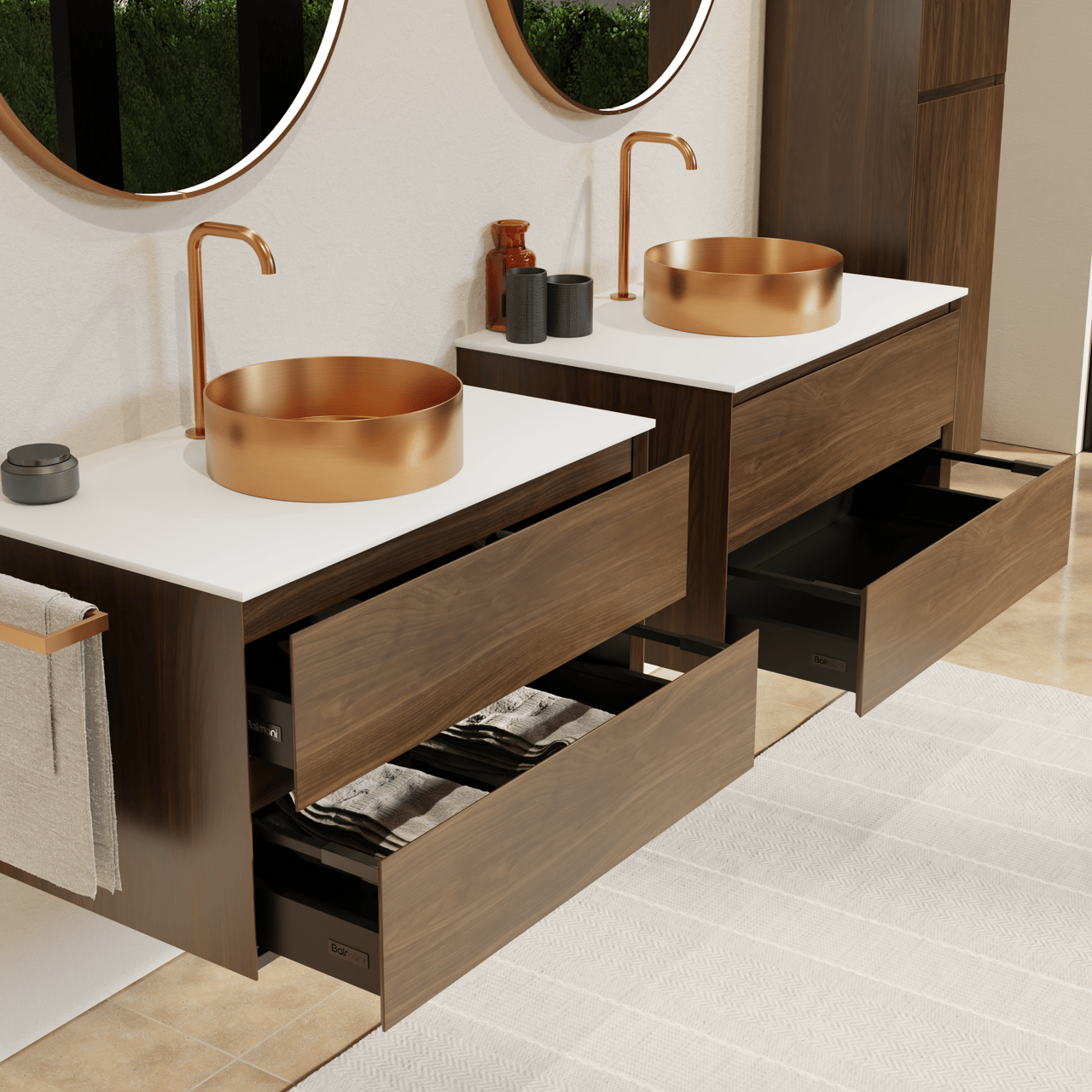 Balmani Mitra meuble salle de bains suspendu 90 x 55 cm noyer américain avec Stretto tablette simple en solid surface blanc mat