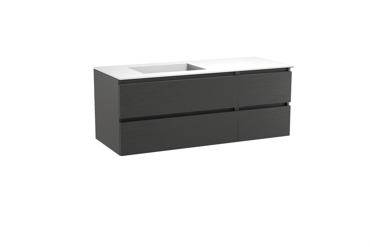 Balmani Lucida hängendes Möbelstück Set: 135 x 55 cm, Schwarze Eiche, mit Tablo Stretto Waschtisch links, Solid Surface Weiß matt