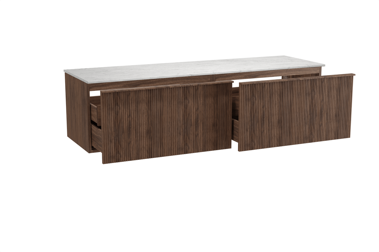 Balmani Forma meuble salle de bains suspendu 180 x 55 cm noyer américain avec Stretto tablette simple ou double en marbre carrare, Nervure droite symétrique verticale