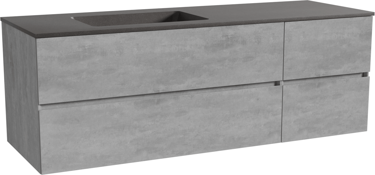 Storke Edge zwevend badmeubel 150 x 52 cm beton donkergrijs met Scuro asymmetrisch linkse wastafel in kwarts mat zwart