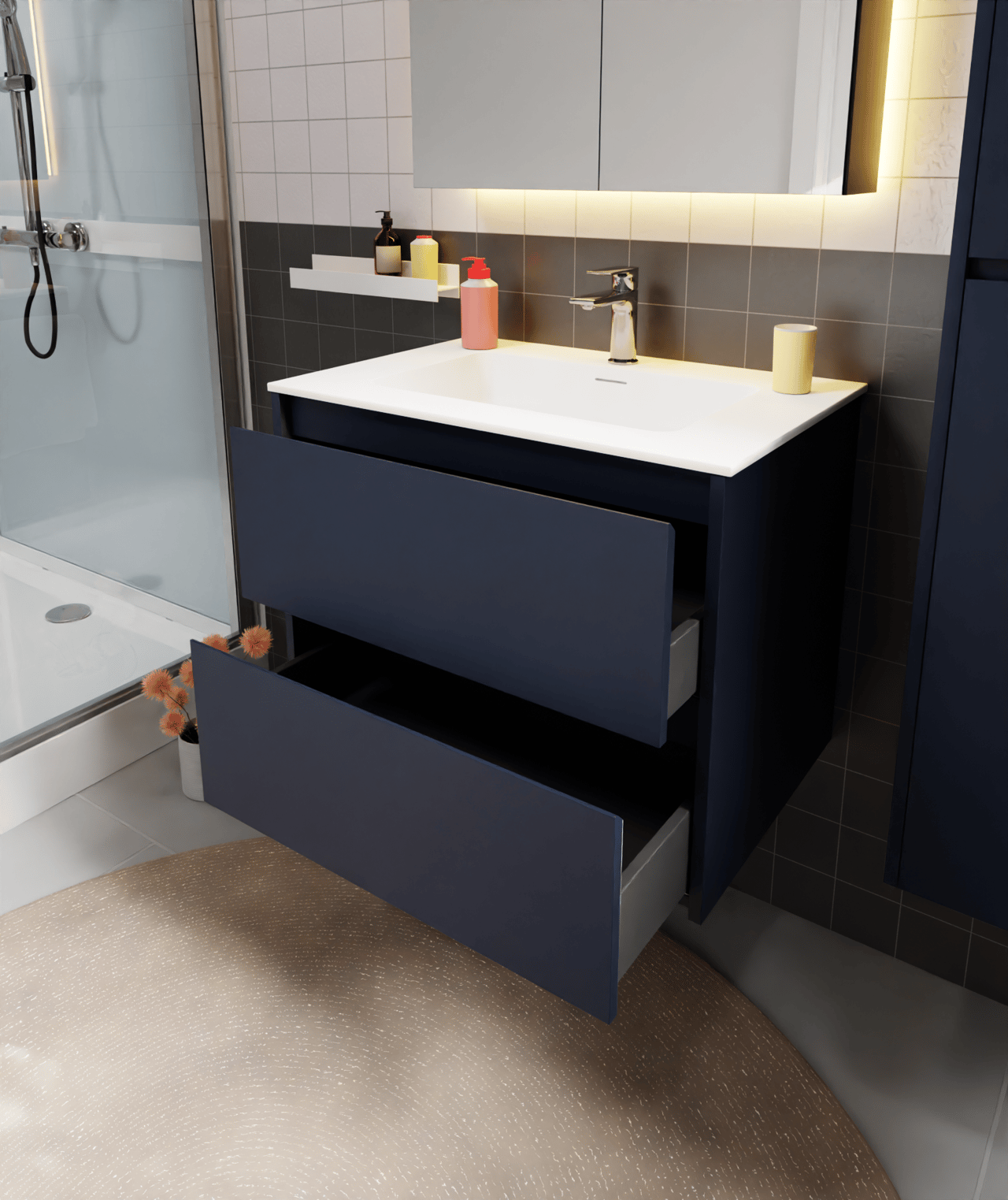 Storke Seda meuble sous-lavabo suspendu 75 x 52 cm bleu nuit 2 tiroirs