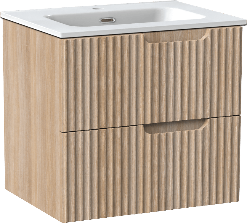 Linie Ribbo zwevend badkamermeubel 60 x 46 cm lichte eik met Baro enkele wastafel in porselein glanzend wit, Verticale symmetrische ronde ribbel