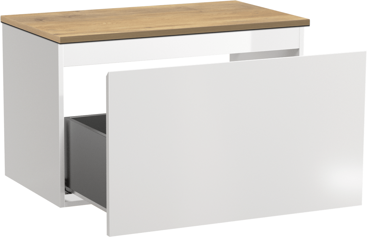 Linie Lado meuble salle de bains suspendu 80 x 46 cm blanc brillant avec Lado tablette simple en mélaminé chêne naturel