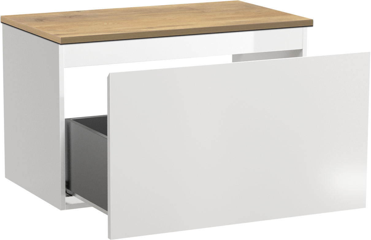 Linie Lado hängendes Möbelstück Set: 80 x 46 cm, Weiß glänzend, mit Lado Einzel Waschtischplatte, Melamin Naturbelassene Eiche