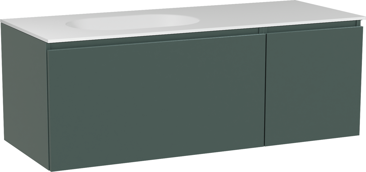 Balmani Sfera zwevend badmeubel 135 x 55 cm forest met Tablo Oval asymmetrisch linkse wastafel in solid surface mat wit