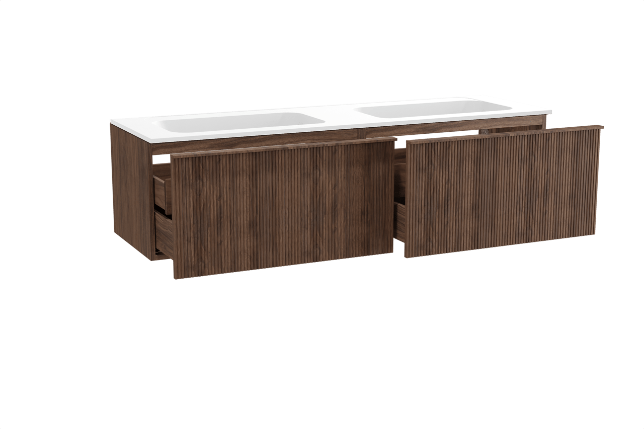 Balmani Forma hängendes Möbelstück Set: 180 x 55 cm, Amerikanischer Nussbaum, mit Tablo Strada Doppelwaschtisch, Marmorkomposit, Weiß matt, Vertikale symmetrische gerade Rippe