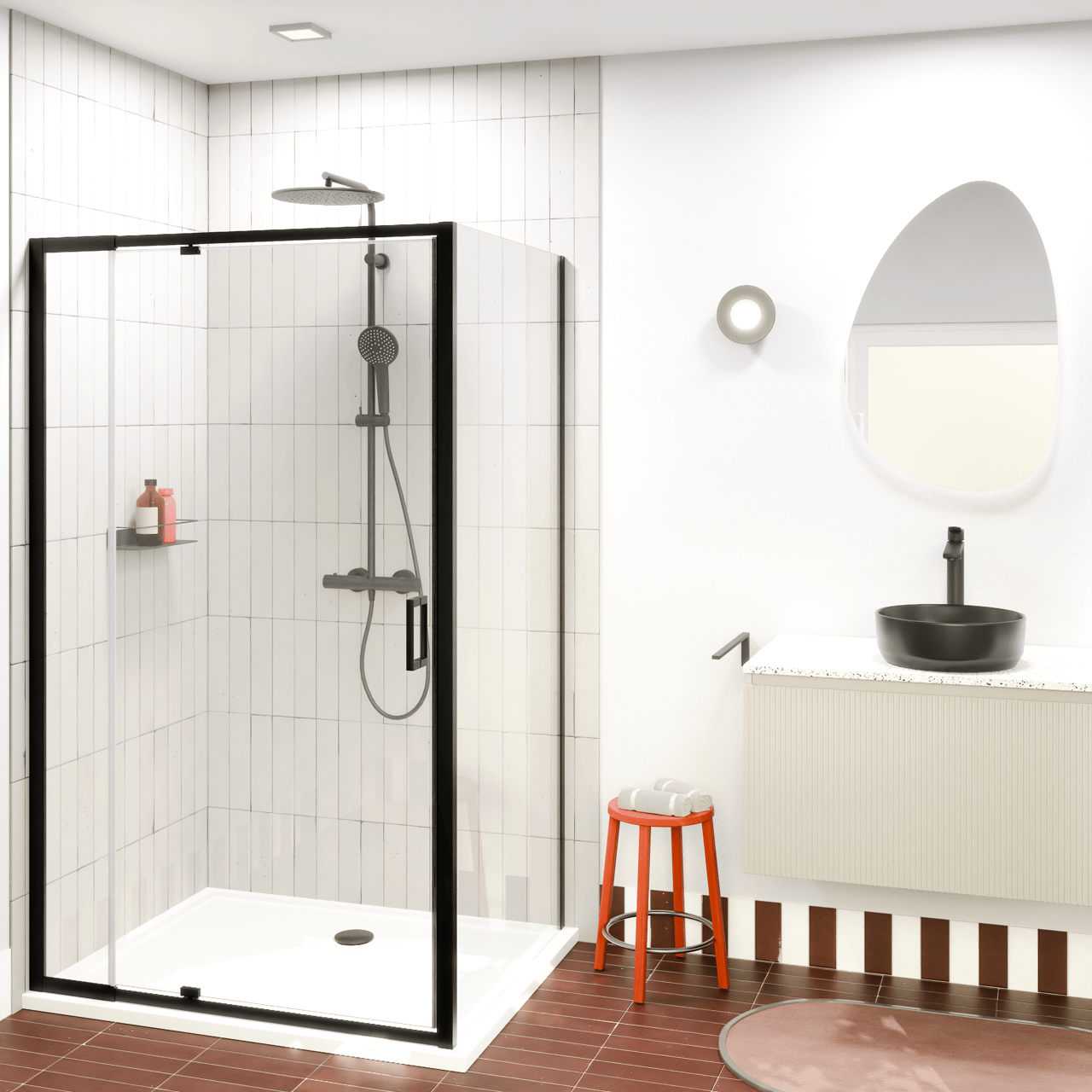 Luca Varess Vidor Telescope paroi d'angle avec porte pivotante et paroi latérale fixe 120 x 90 cm verre transparent profil noir mat