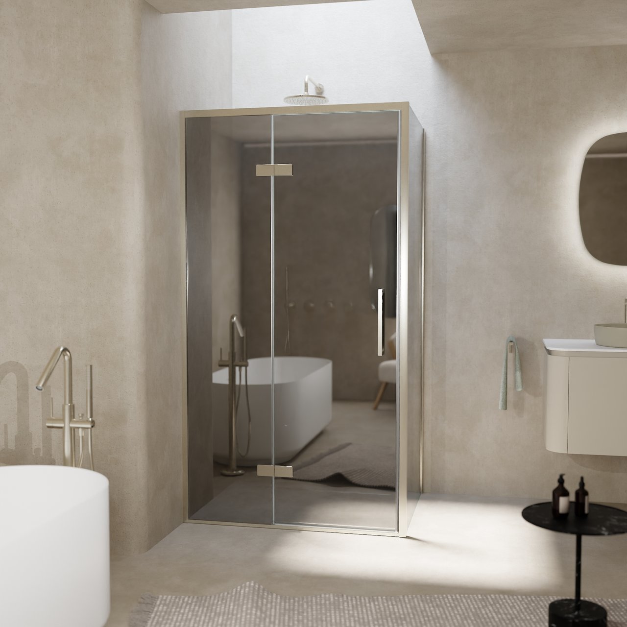 Balmani Senses Design douche en coin avec porte pivotante à gauche et paroi latérale fixe, 100 x 90 cm, Miroir Reflex, Profil Brushed CoolMetal