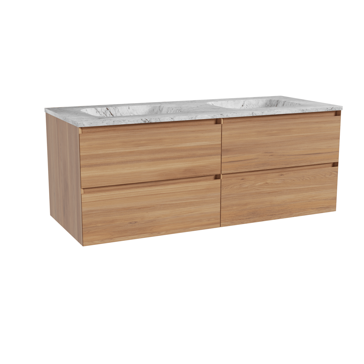 Balmani Mitra hängendes Möbelstück Set: 135 x 55 cm, Teak, mit Tablo Arcato Doppelwaschtisch, Marmor Carrara