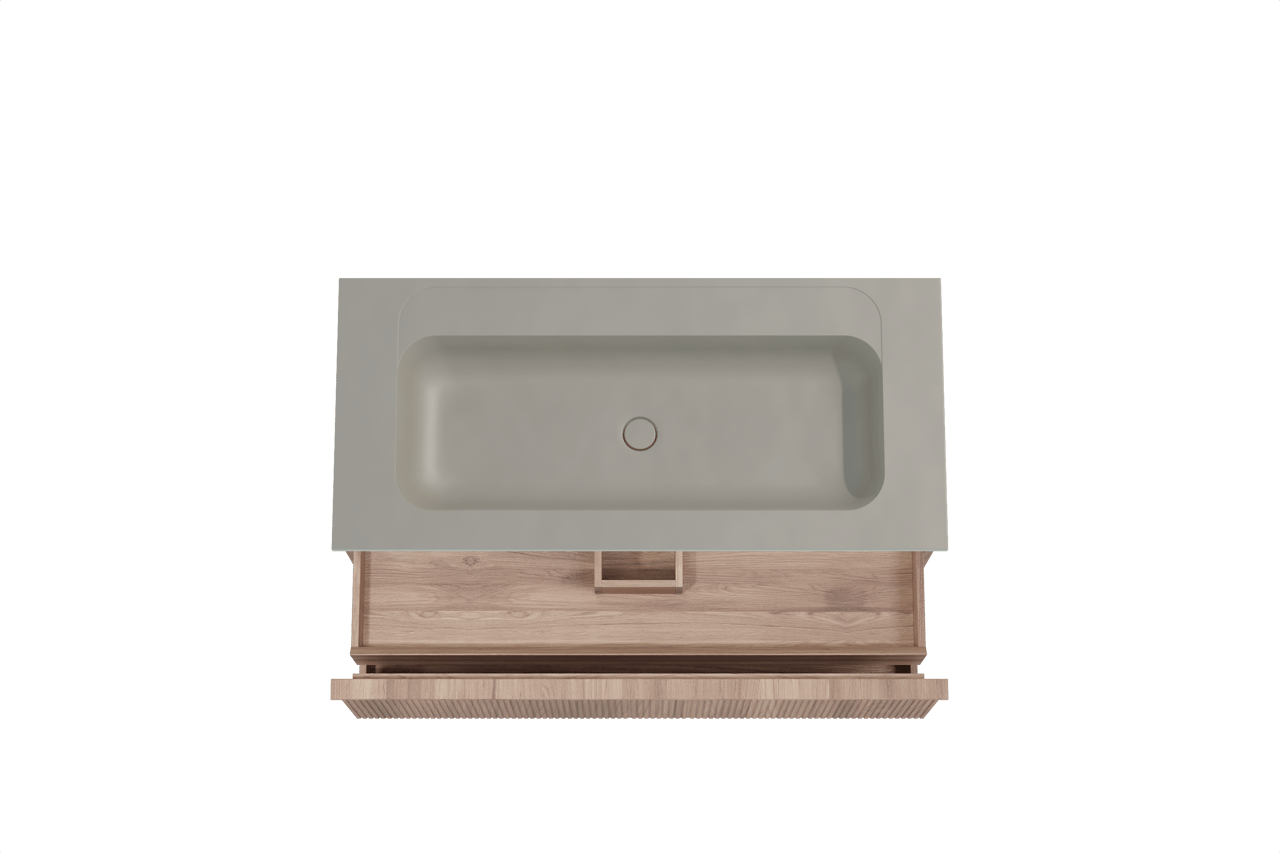 Balmani Forma meuble salle de bains suspendu 120 x 55 cm teck avec Tablo Strada plan simple pour 2 trous de robinet en marbre composite soie grise, Nervure droite symétrique verticale