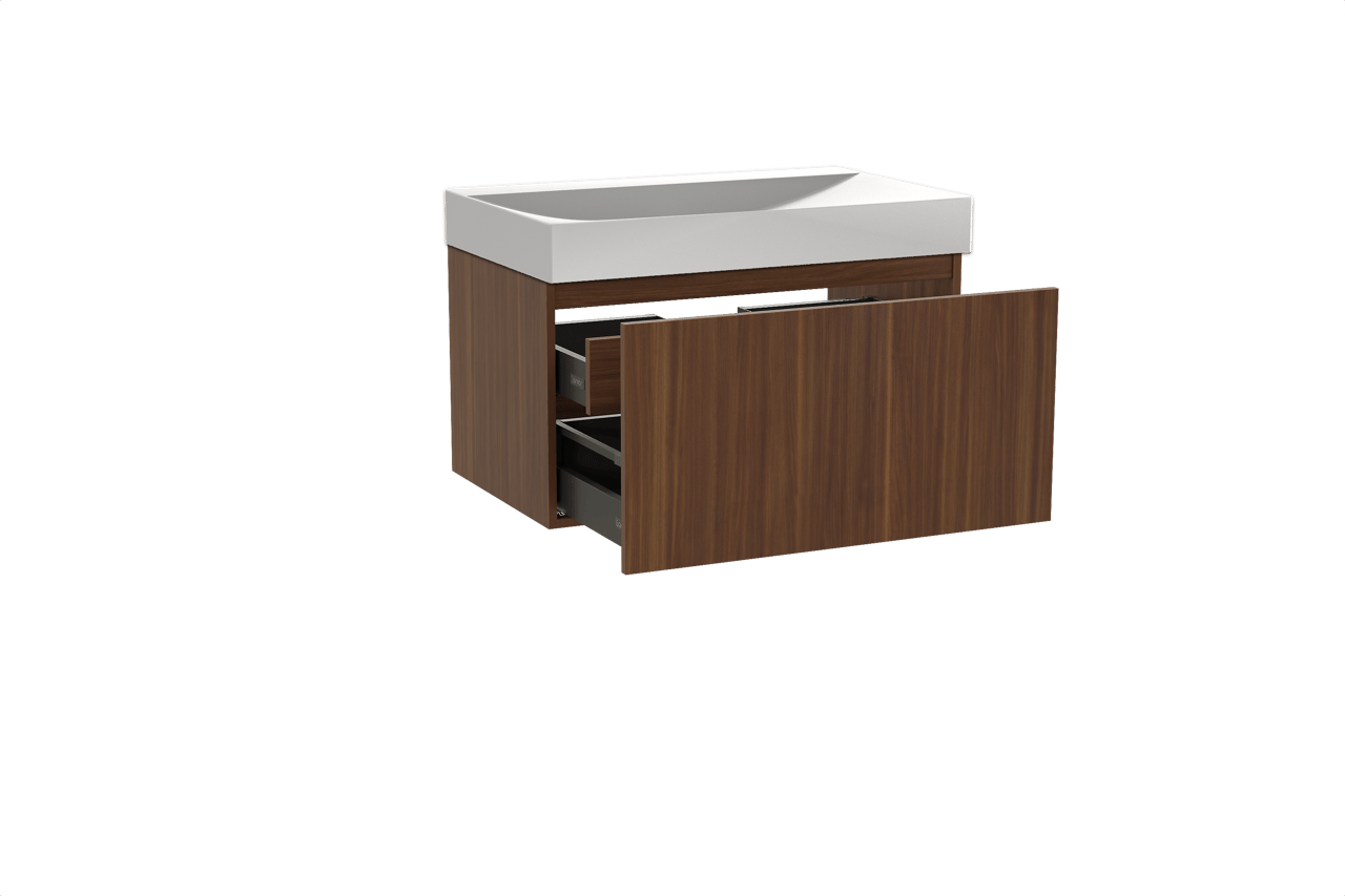 Balmani Sfera hängendes Möbelstück Set: 90 x 55 cm, Amerikanischer Nussbaum, mit Wave Einzelwaschtisch, Solid Surface Weiß matt