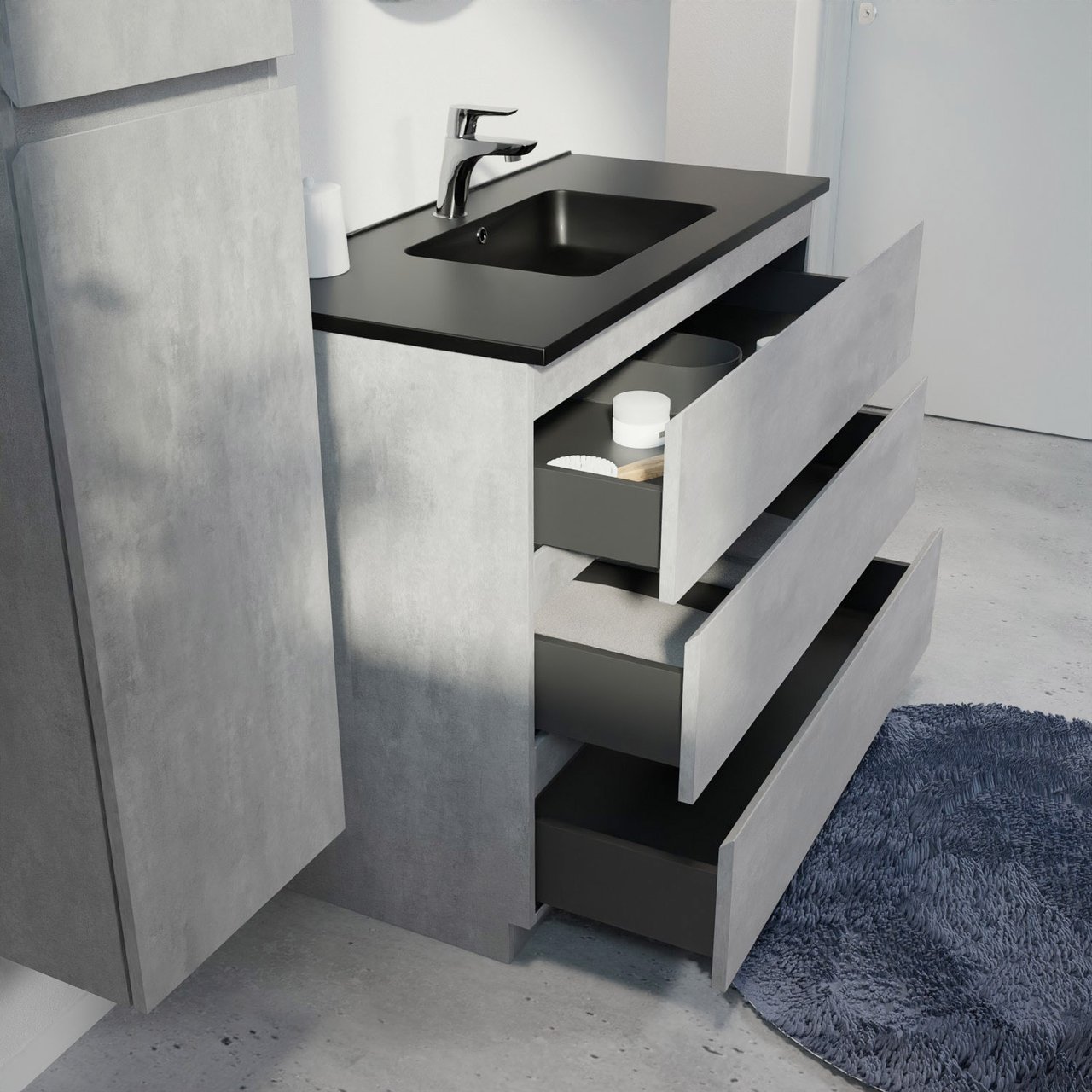 Linie Lado freistehendes Möbelstück Set: 100 x 46 cm, Beton dunkelgrau, mit Vano Einzelwaschtisch, Marmorkomposit Schwarz matt