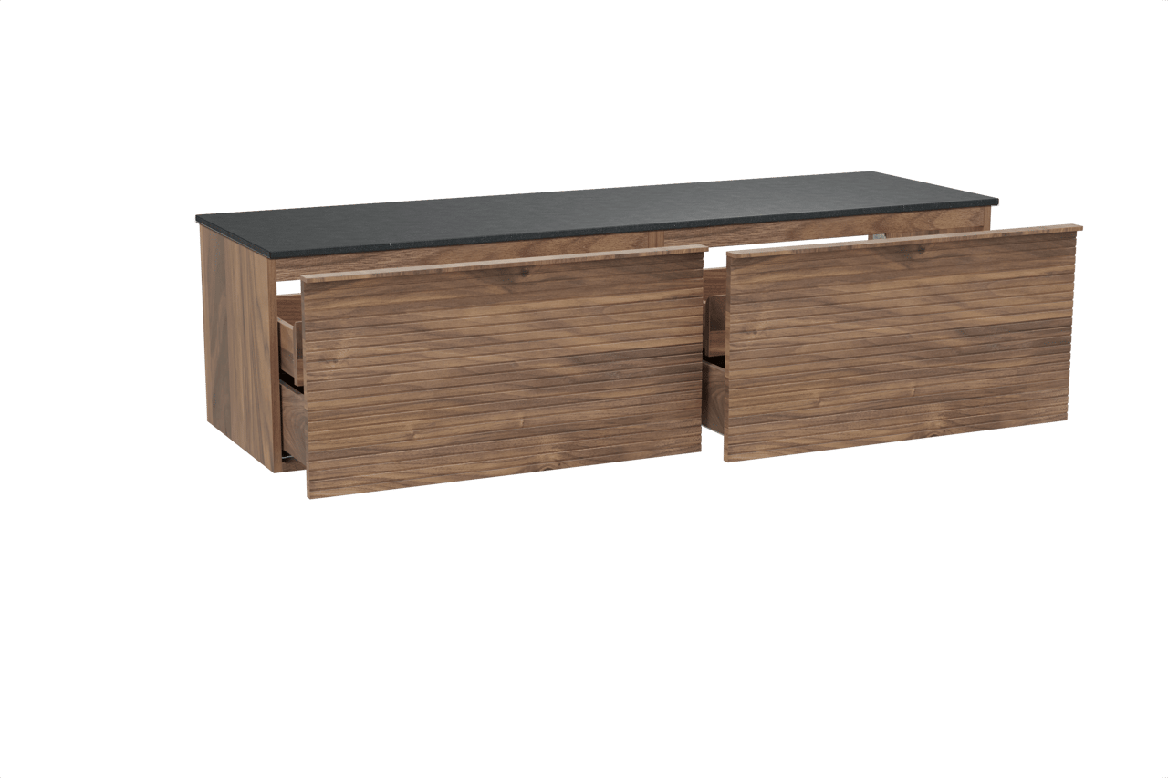 Balmani Forma hängendes Möbelstück Set: 180 x 55 cm, Amerikanischer Nussbaum, mit Stretto Einzel- oder Doppel Waschtischplatte, Granit, Schwarzes Granit, Horizontale symmetrische gerade Rippe