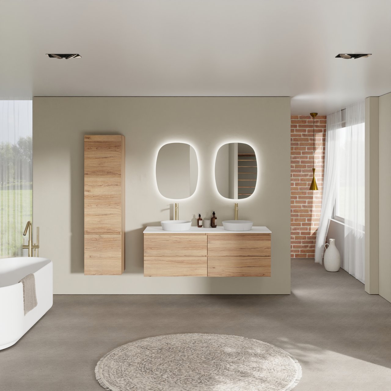 Balmani Lucida meuble salle de bains suspendu 150 x 55 cm teck avec Stretto tablette simple ou double en solid surface blanc mat