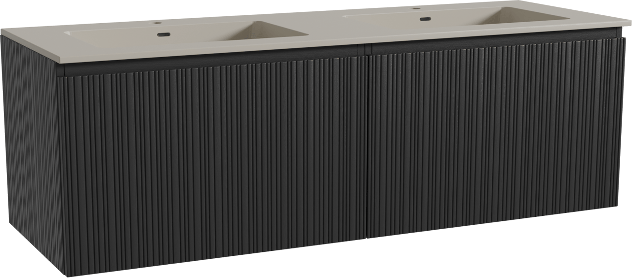 Storke Ribs zwevend badmeubel 150 x 52 cm zwart eiken met Diva dubbele wastafel in top solid zijdegrijs, Verticale asymmetrische rechte ribbel