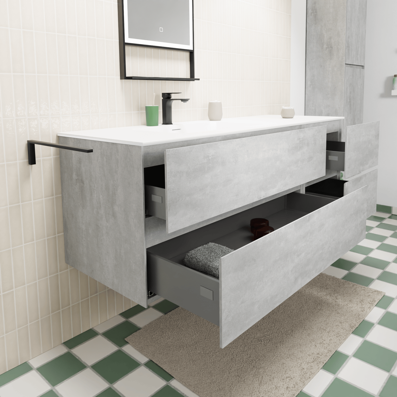 Storke Edge zwevend badmeubel 150 x 52 cm beton donkergrijs met Mata asymmetrisch linkse wastafel in solid surface mat wit