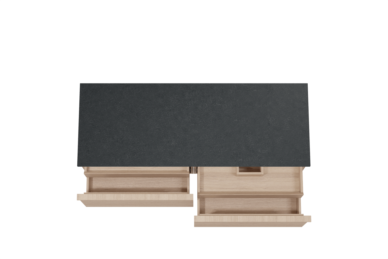 Balmani Forma zwevend badkamermeubel 150 x 55 cm natuur eik met Stretto enkel of dubbel tablet in graniet zwart, Horizontale symmetrische rechte ribbel