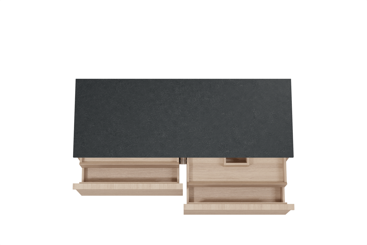 Balmani Forma zwevend badkamermeubel 150 x 55 cm natuur eik met Stretto enkel of dubbel tablet in graniet zwart, Horizontale symmetrische rechte ribbel
