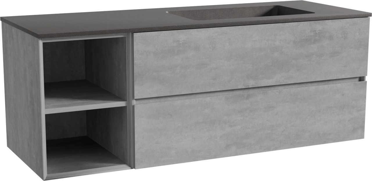Storke Edge zwevend badmeubel 140 x 52 cm beton donkergrijs met Scuro asymmetrisch rechtse wastafel in kwarts mat zwart