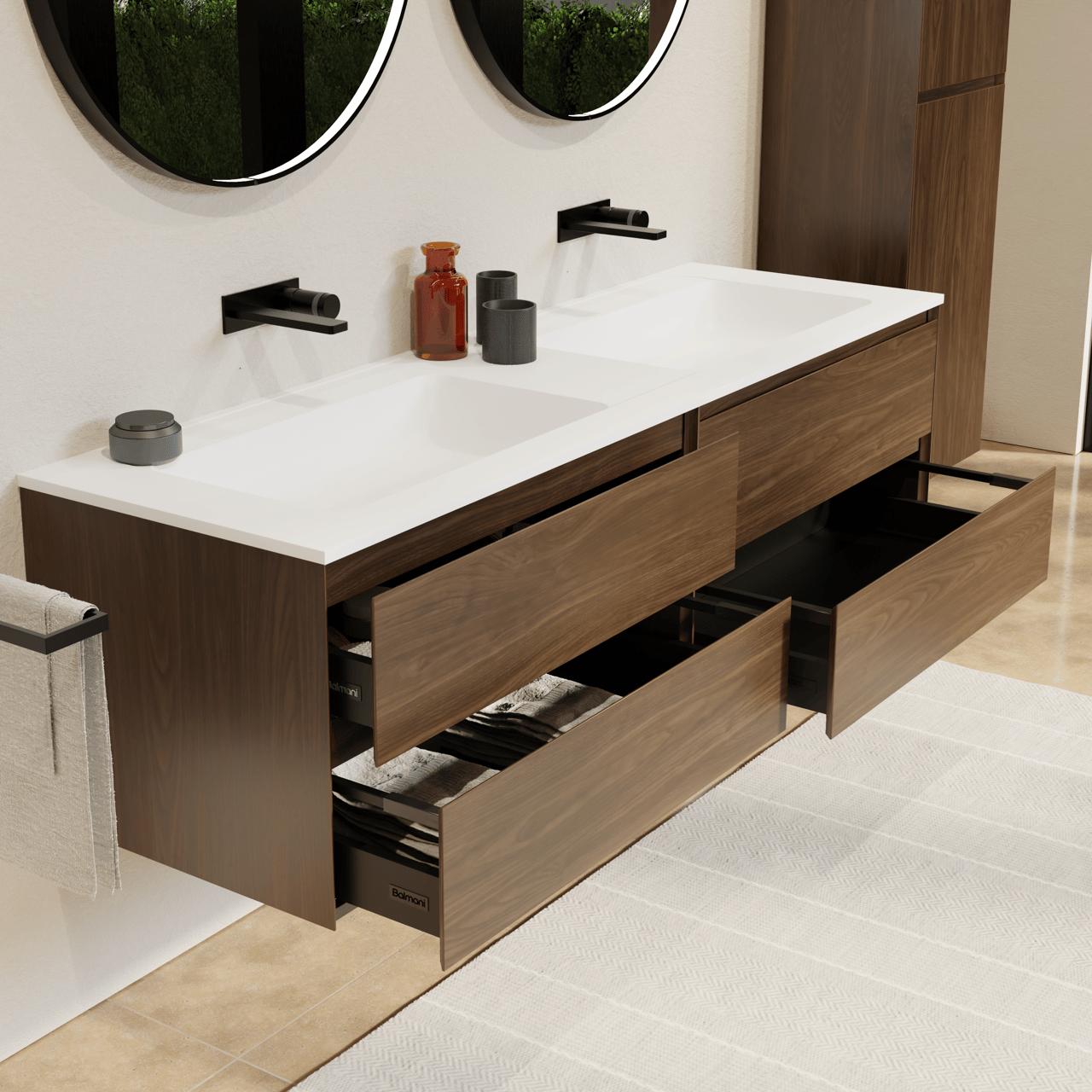 Balmani Mitra meuble salle de bains suspendu 180 x 55 cm noyer américain avec Tablo Strada double vasque en marbre composite blanc mat