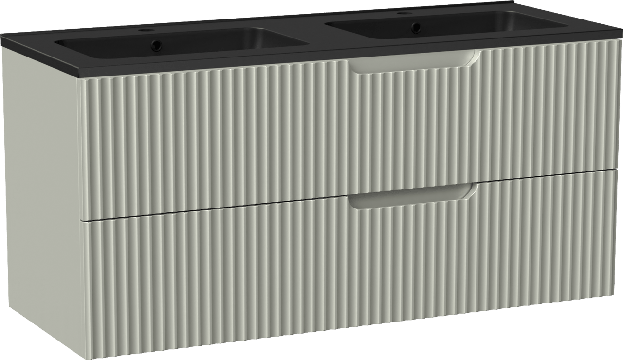 Linie Ribbo meuble salle de bains suspendu 120 x 46 cm greige avec Vano double vasque en marbre composite noir mat, Nervure circulaire symétrique verticale