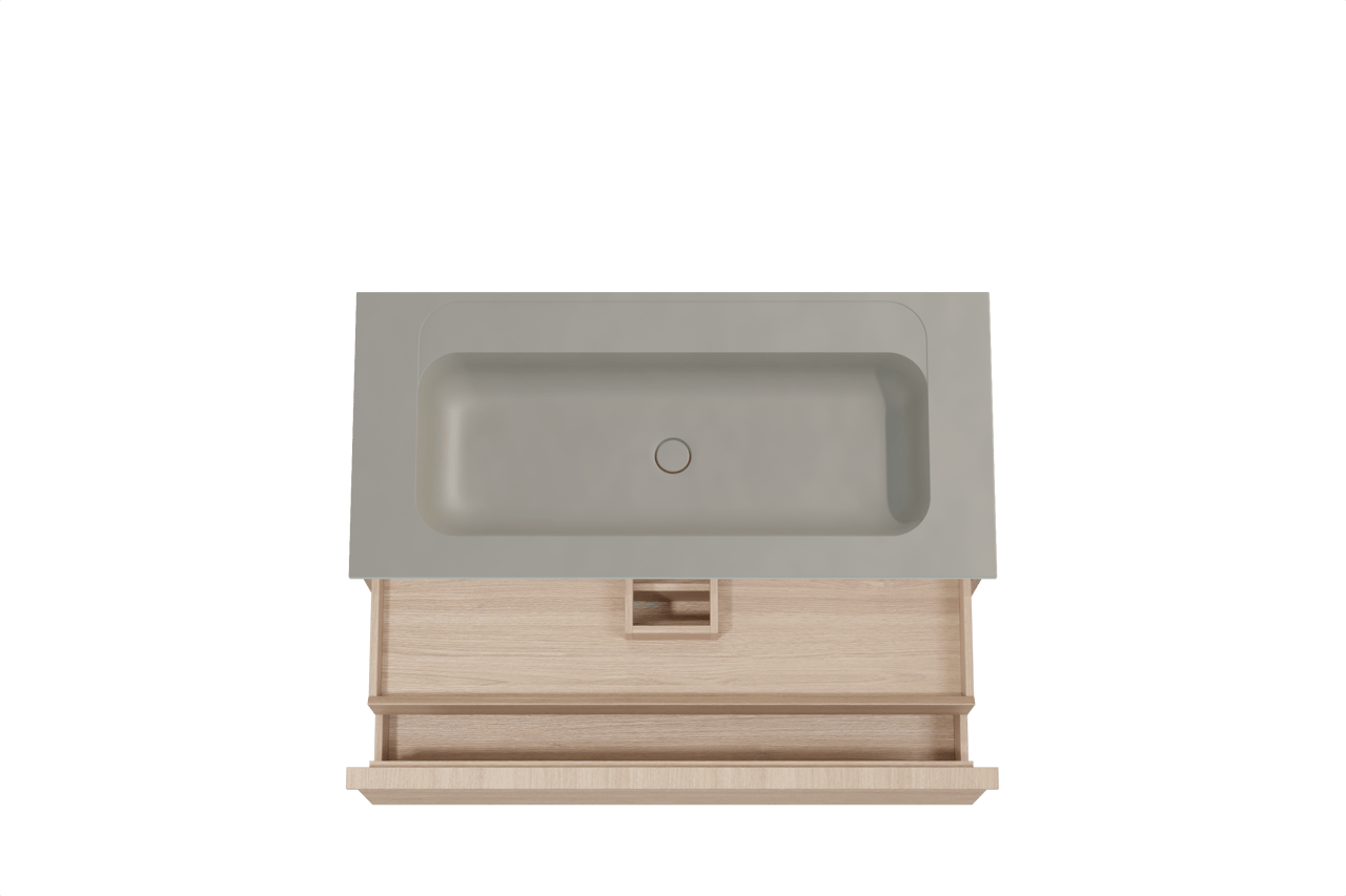 Balmani Forma zwevend badkamermeubel 120 x 55 cm natuur eik met Tablo Strada enkele wastafel voor 2 kraangaten in composietmarmer zijdegrijs, Horizontale symmetrische rechte ribbel