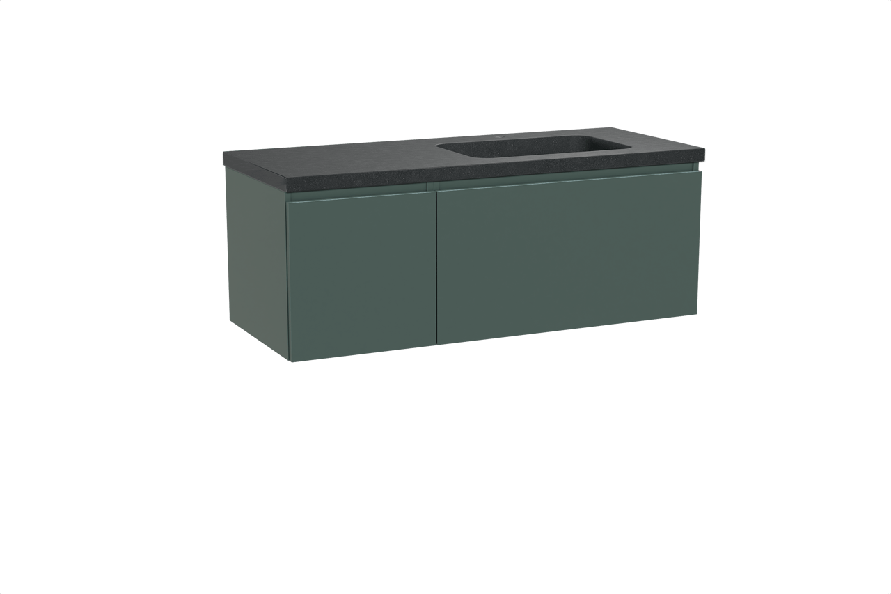 Balmani Sfera meuble salle de bains suspendu 135 x 55 cm forest avec Napoli vasque asymétrique droite en granit noir