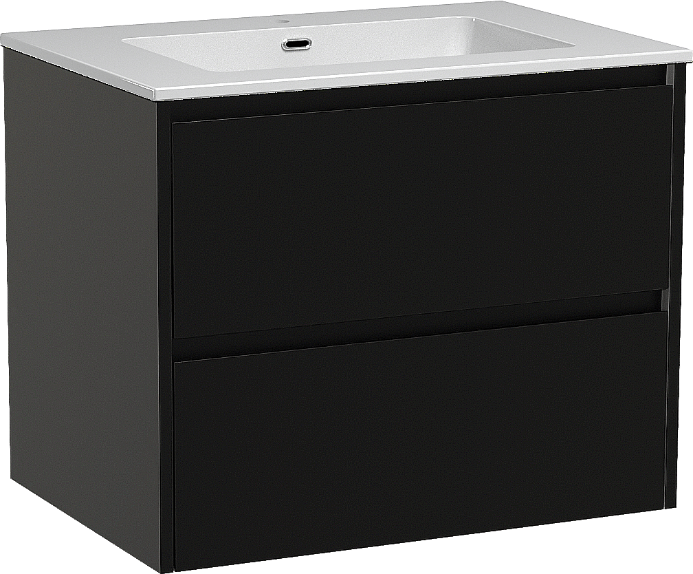 Storke Seda zwevend badmeubel 75 x 52 cm mat zwart met Diva enkele wastafel in composietmarmer hoogglans wit