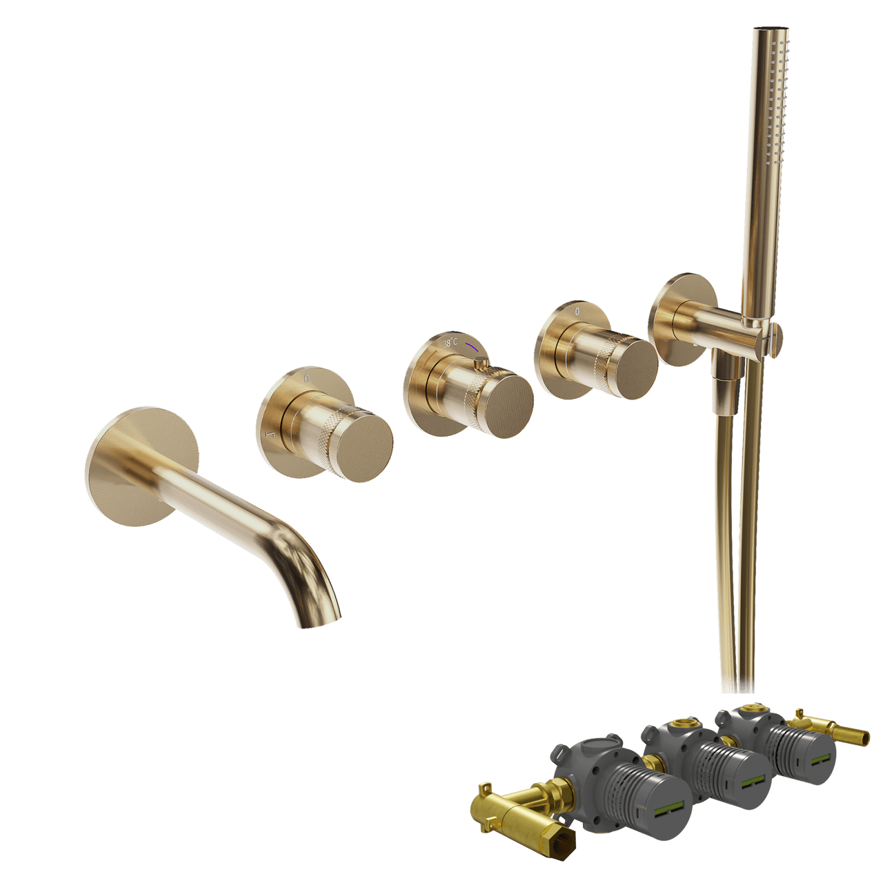 Blaufoss Pavilion Unterputz-Badewannenarmatur: Brushed Gold, inkl. Handbrauseset und Einbauelement