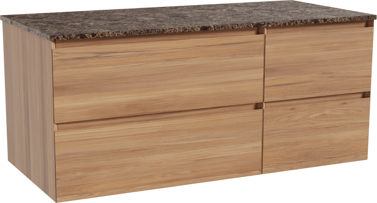Balmani Mitra zwevend badkamermeubel 120 x 55 cm teak met Stretto enkel of dubbel tablet in marmer dark emperador
