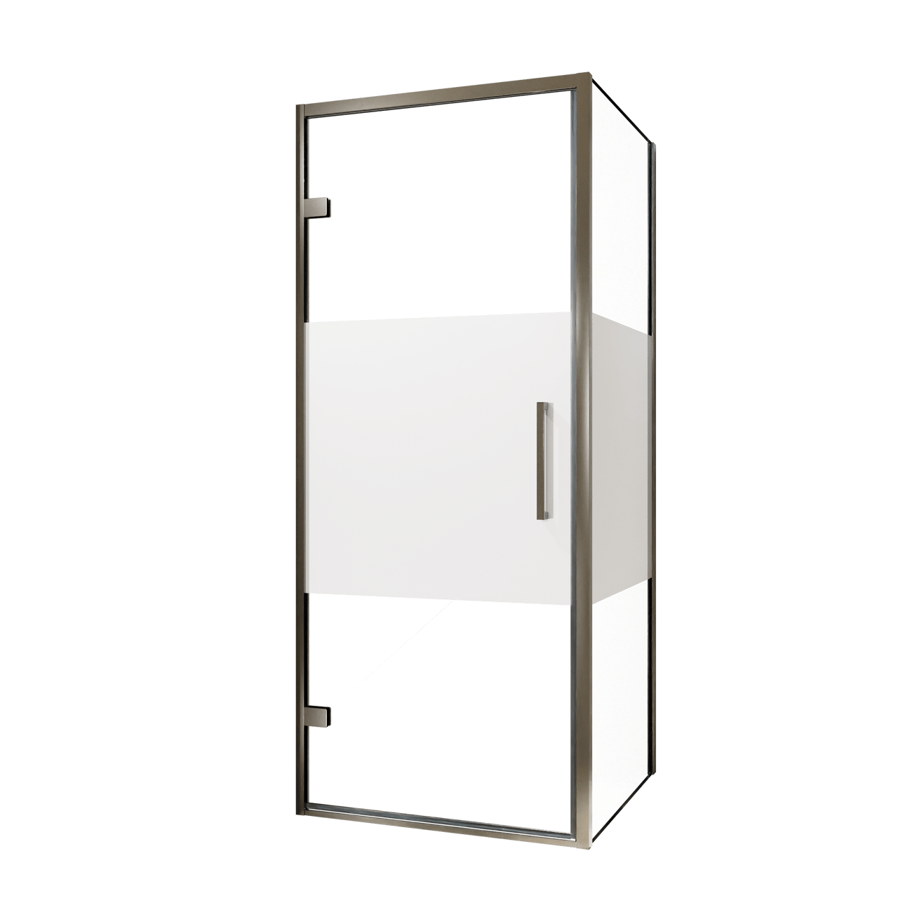 Balmani Senses Design douchehoek met linkse draaideur en vaste zijwand, 90 x 90 cm, Helder glas met matte strook, Brushed GunMetal profielen, met coating