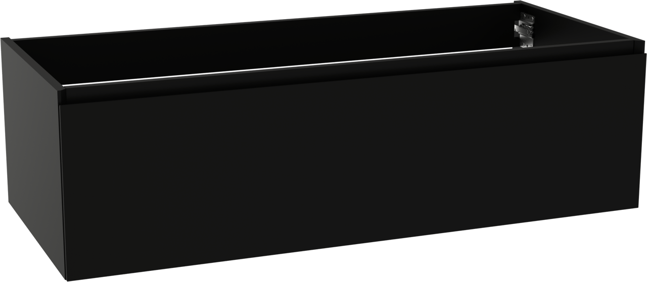 Storke Edge hängender Waschbeckenunterschrank: 120 x 52 cm, Schwarz matt, 1 Schublade, 2 Siphonaussparungen