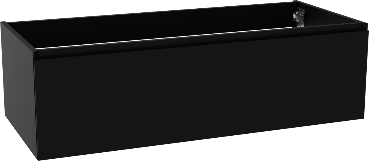 Storke Edge hängender Waschbeckenunterschrank: 120 x 52 cm, Schwarz matt, 1 Schublade, 2 Siphonaussparungen