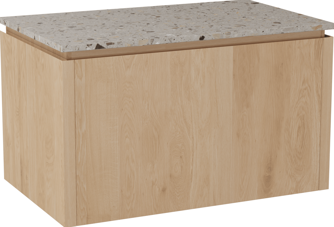 Balmani Eclips hängendes Möbelstück Set: 90 x 55 cm, Eiche Natur, mit Stretto Einzel Waschtischplatte Greige Terrazzo