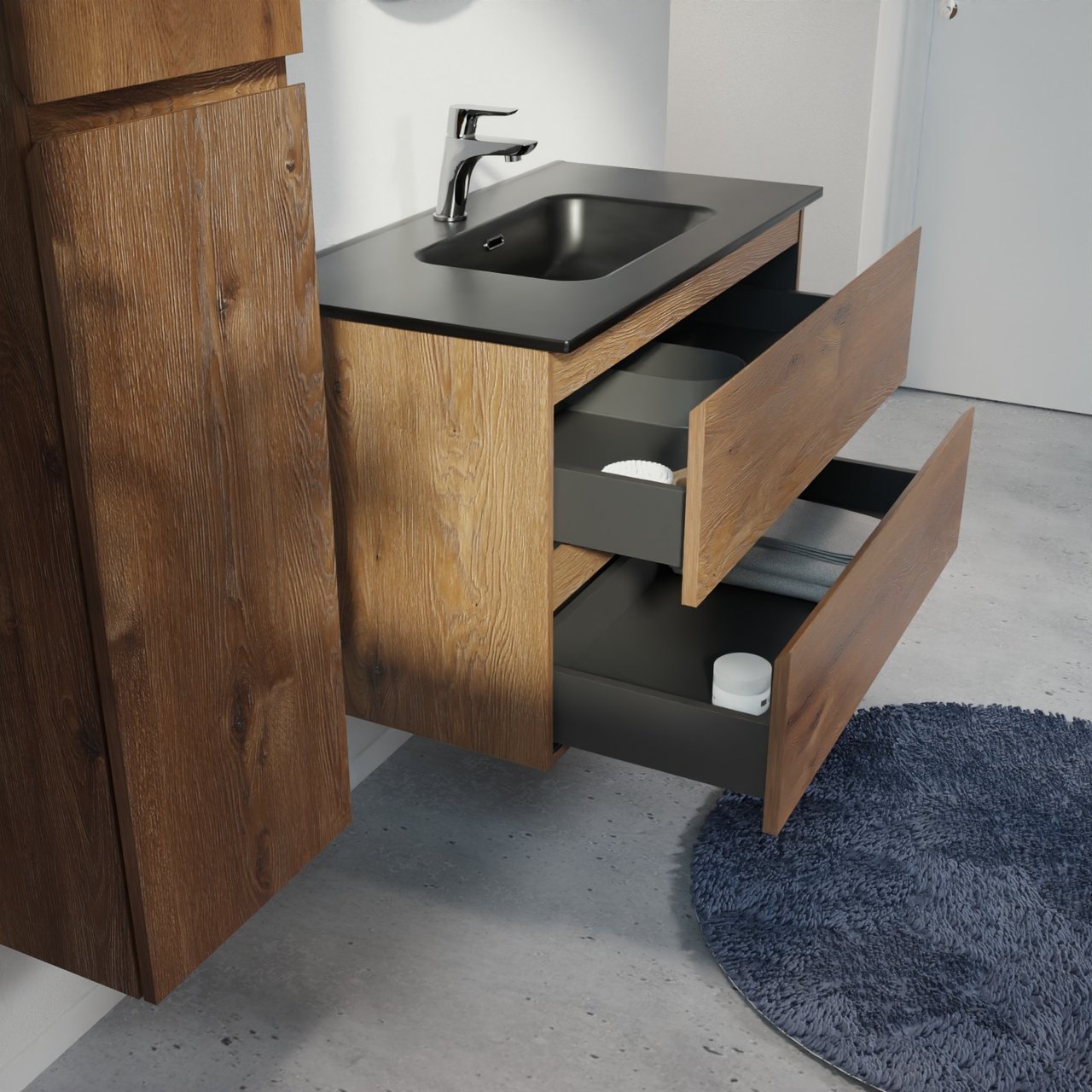 Linie Lado meuble salle de bains suspendu 90 x 46 cm chêne brun avec Baro plan simple en porcelaine noir mat