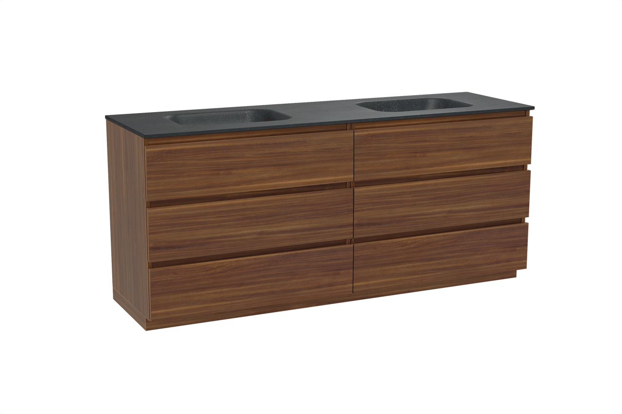 Balmani Lucida staand badkamermeubel 180 x 55 cm amerikaanse notelaar met Tablo Arcato dubbele wastafel in graniet zwart