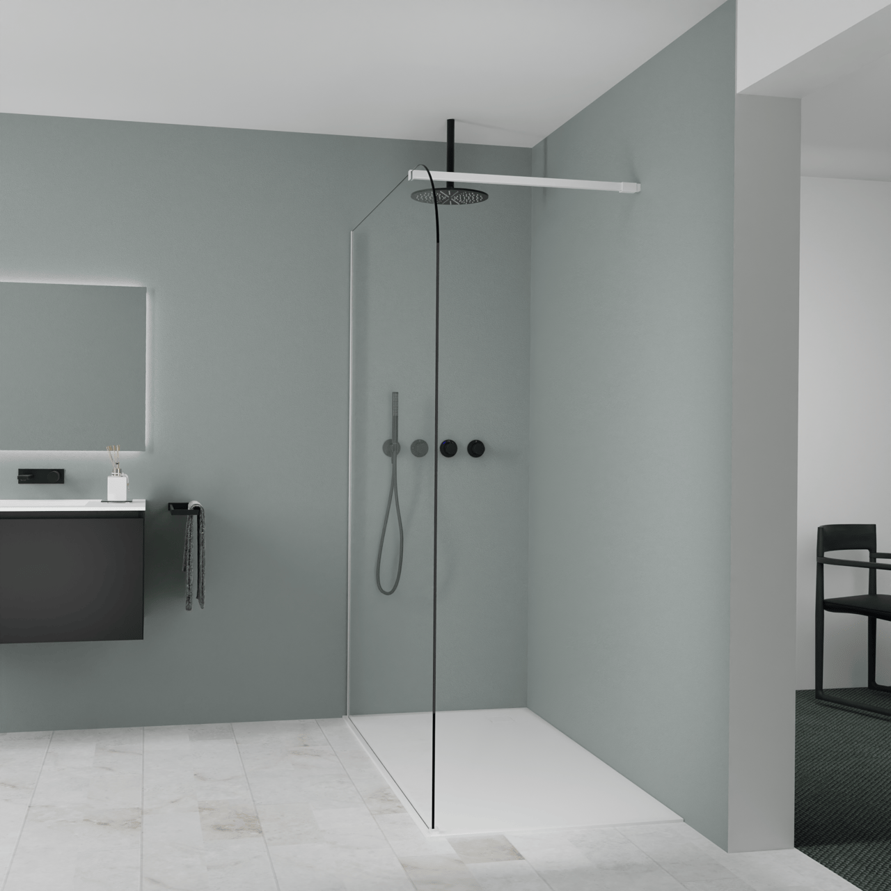 Balmani Modular douche à l'italienne: 160 x 200 cm, Verre transparent arrondi, Profil Blanc mat