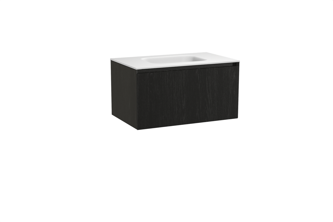 Balmani Fila meuble salle de bains suspendu 90 x 55 cm chêne noir avec Tablo Arcato plan simple en solid surface blanc mat, Nervure droite symétrique verticale