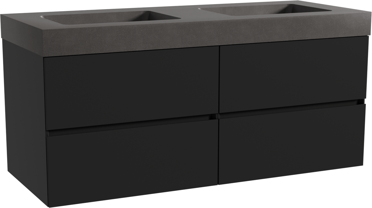 Storke Edge zwevend badmeubel 130 x 52 cm mat zwart met Scuro High dubbele wastafel in kwarts mat zwart