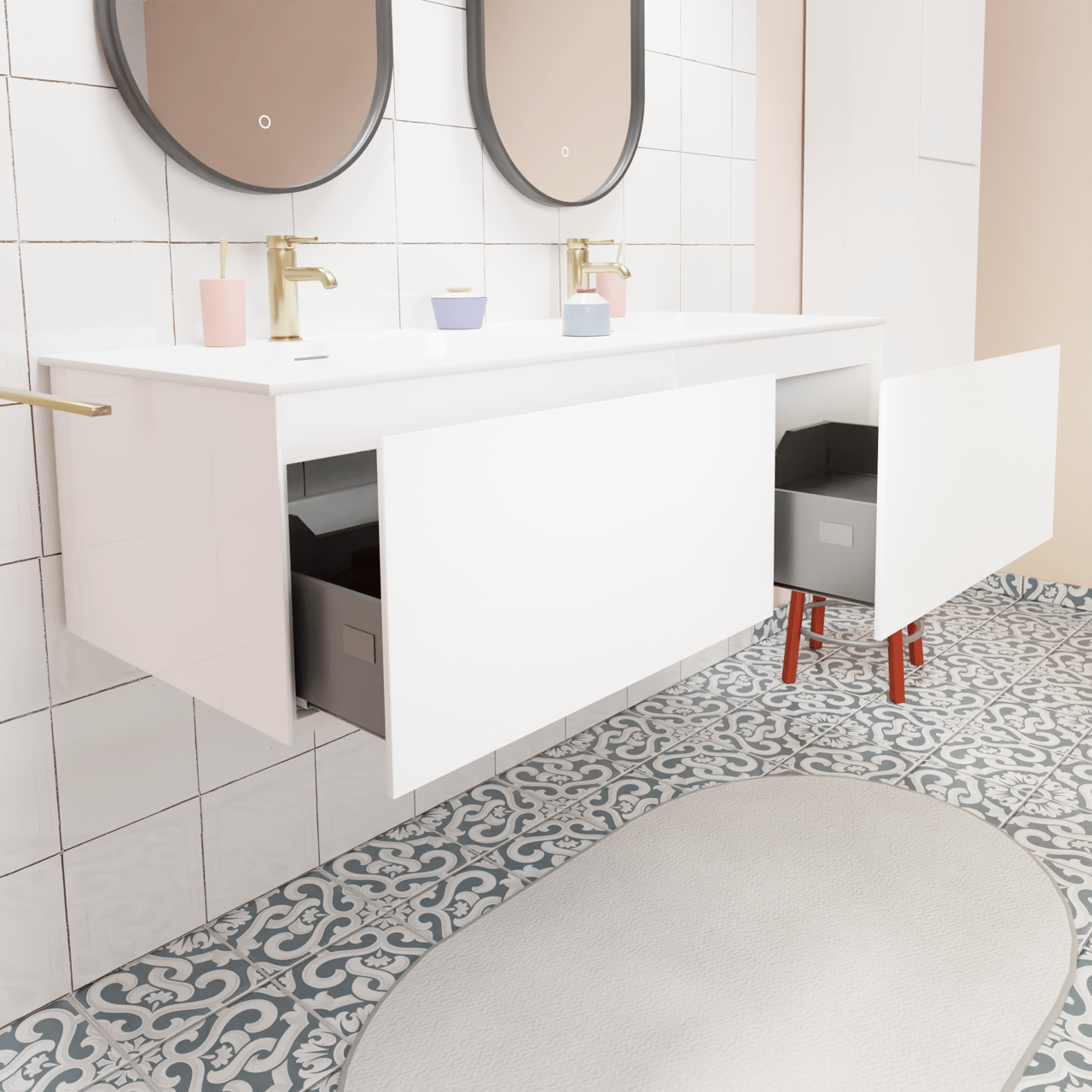 Storke Edge zwevend badkamermeubel 130 x 52 cm glanzend wit met Mata dubbele wastafel in solid surface mat wit